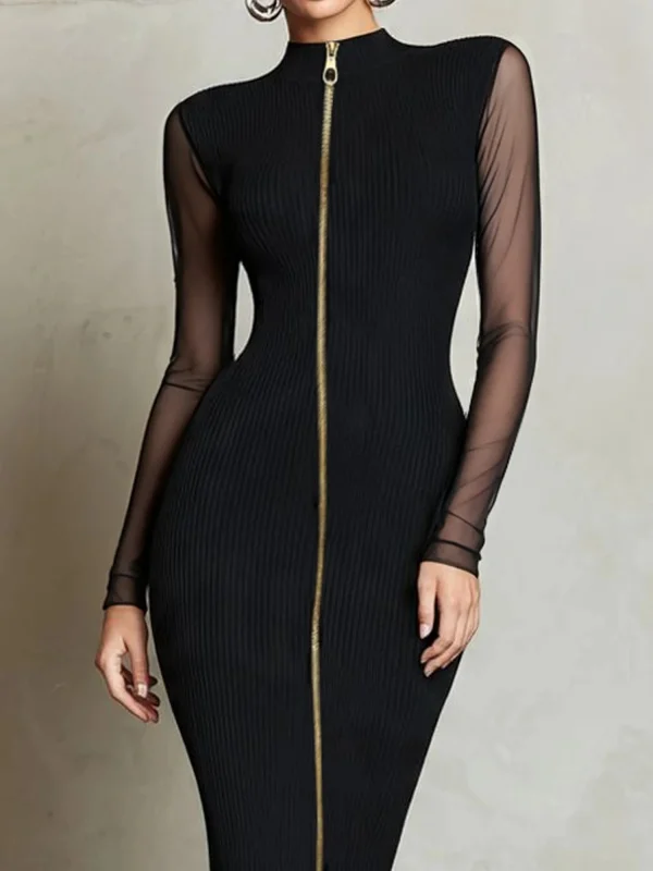 Modigirl 2026 جديد إمرأة قلم رصاص ميدي فستان الذهب سستة بقماش شفاف كم أنيق مكتب تخفيف مساء سليم Bodycon فستان امرأة #4