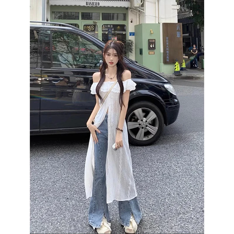 Y2K SlashคอMidiชุดผู้หญิงแฟชั่นเซ็กซี่Rufflesลูกไม้Sheerชุดสีดําฤดูร้อนเกาหลีความงามออกแบบสบายๆVestidosใหม่
