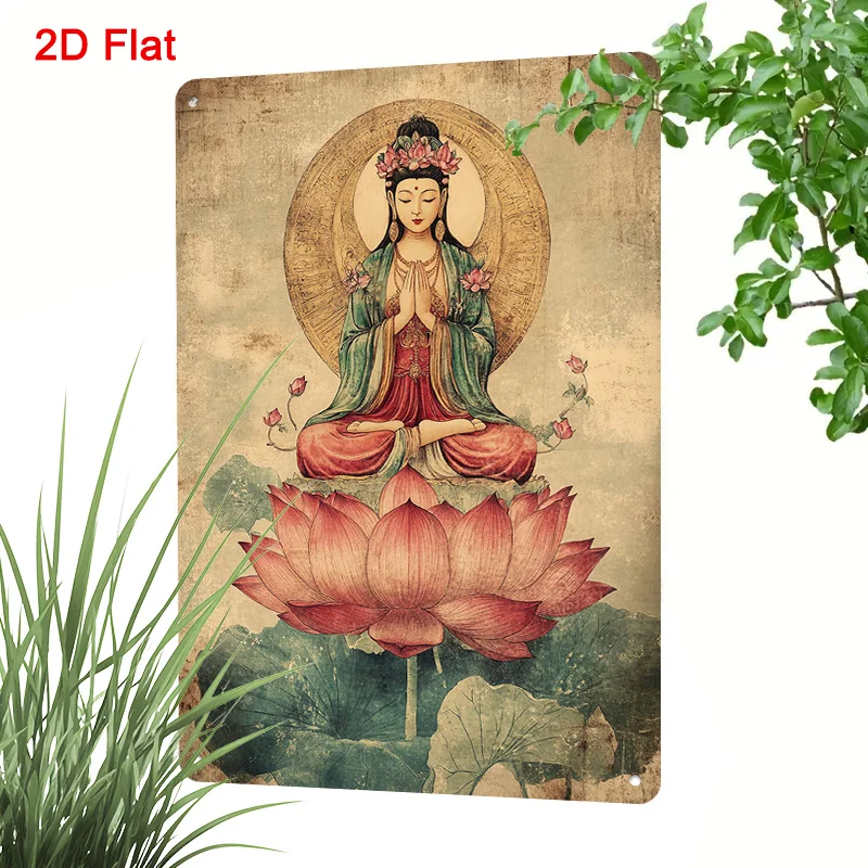 2D Flat, 1-Piece Guanyin Statue Metal Wall Decor - 20.32X 30.48cm Aluminum Meditation Sign with Flowers and Guanyin Mantra, 2D Flat Panel, Suitable for Home Temple Altar, Zen Meditation Room Decoration - Spiritual Gift for Believers in the Chinese Goddess of Mercy