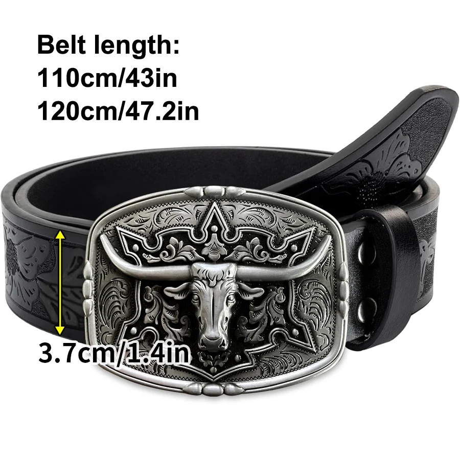 Cinturón de hombre estilo pareja de vaquero occidental - Patrón irregular Tallado Flor Cuerno largo Cabeza de vaca Hebilla suave Cinturón de mujer - Countr