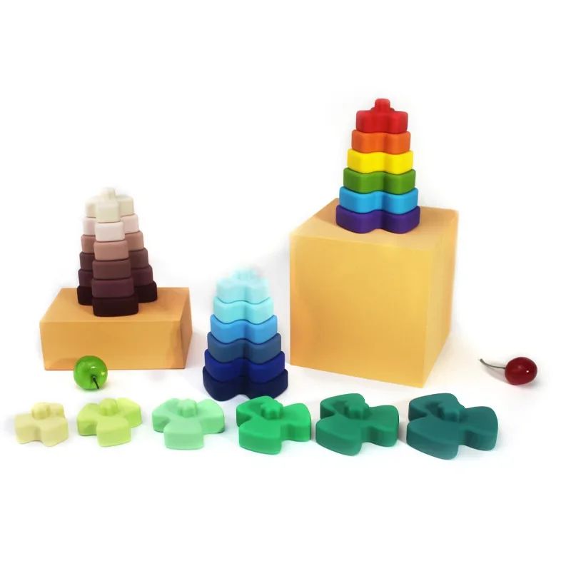 Jouets de dentition en silicone pour bébés, Montessori, sans BPA, en forme de fleur de dessin animé, empilable, nuits douces pour enfants