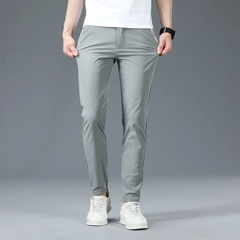 

2024 Solid Color Loose Straight Leg Pants Elastic Slim Fit Business Casual Pants for Men New Summer Thin Sports Pants for Men