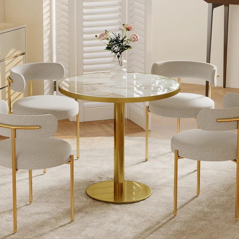 

31.5" Tulip Table with Sintered Stone Tabletop and Golden Metal Pedestal, Small Round Dining Table for Kitchen, Living Room
