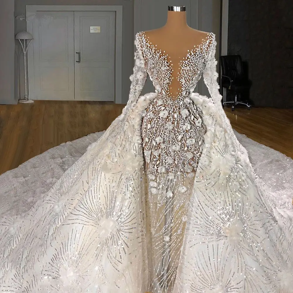 Customized Two Pieces Wedding Dress Long Sleeves Pearls Bridal Gowns Flowers Sequined Long Train Robe De Mariee