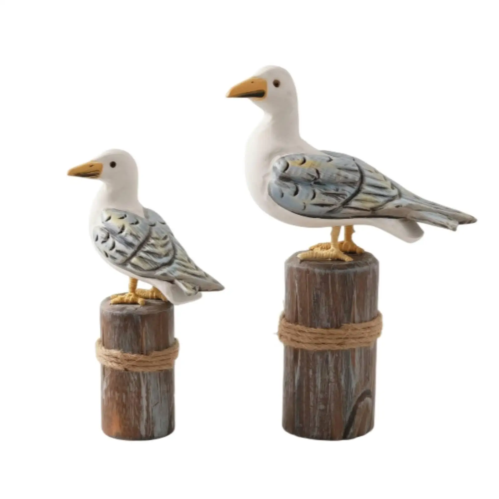 2 Pieces Seagull Ornament with Rope Handmade Seagull on Stump Handcrafted Sea Birds Figurine for Tabletop, Shelf