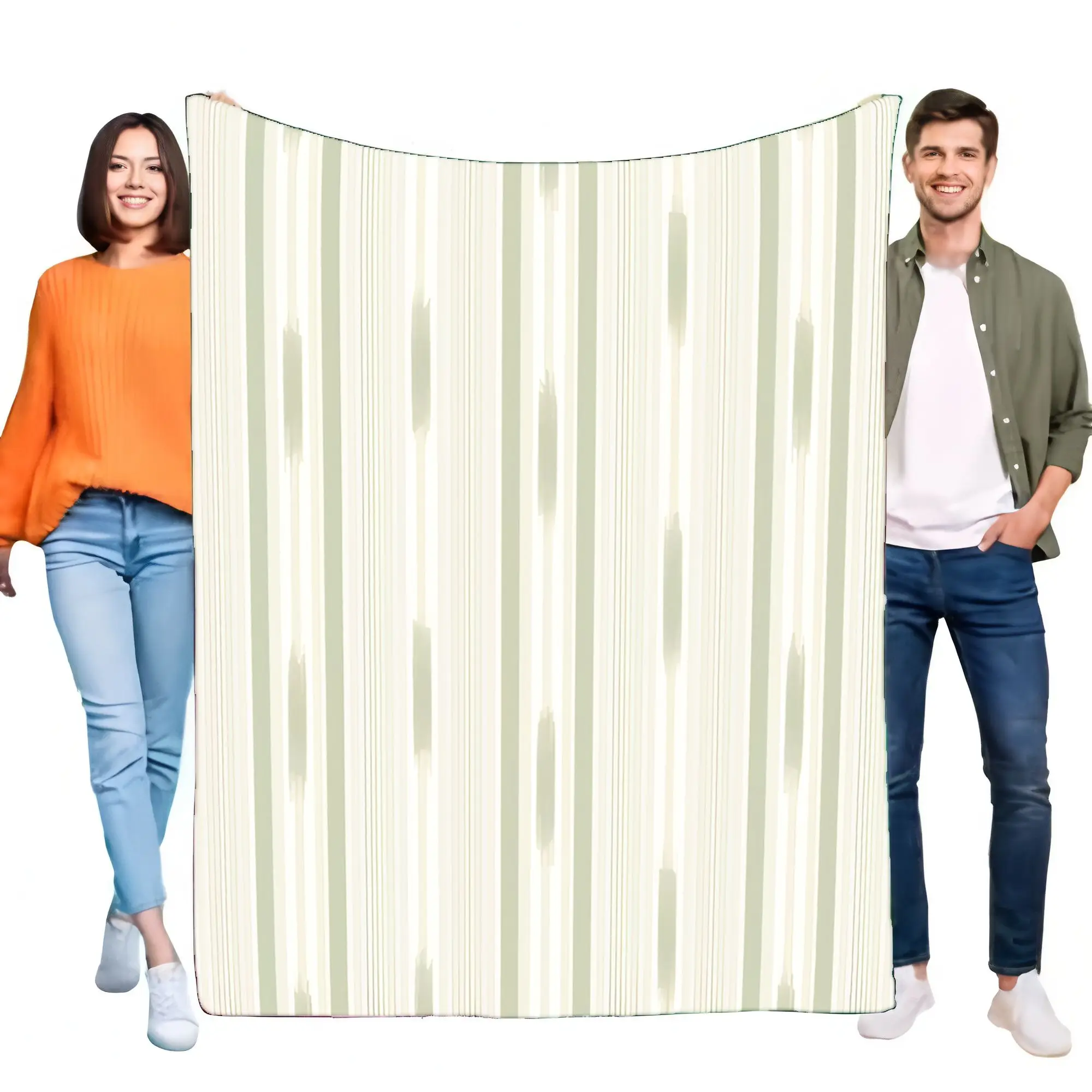 Ultraweiche, gemütliche, gestreifte Überwurfdecke für Bett, Sofa, Couch, vielseitig, ganzjährig, leicht, Salbeigrün, cremefarben, vertikale Streifen, Mod