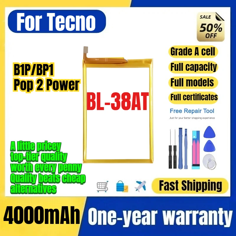 BL-38AT for Tecno B1P/BP1/Pop 2 Power Phone Battery High Quality Capacity Battery Replacement Bateria Grade A Cell with Tools