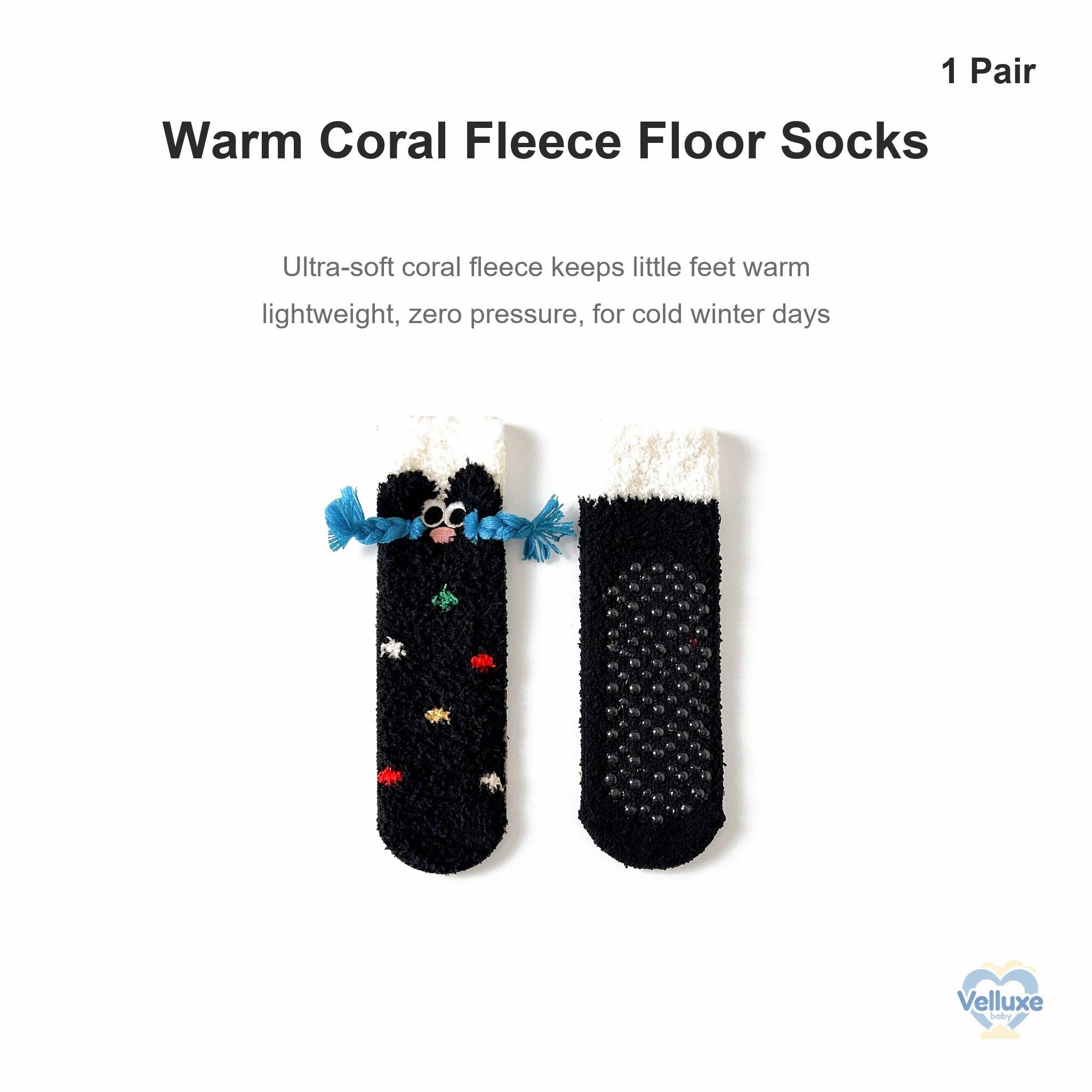 1Pair Black Cat Coral Fleece Non-Slip Floor Socks, 4A Anti-Pilling, Stretch Warm Socks for Kids 1-8Y