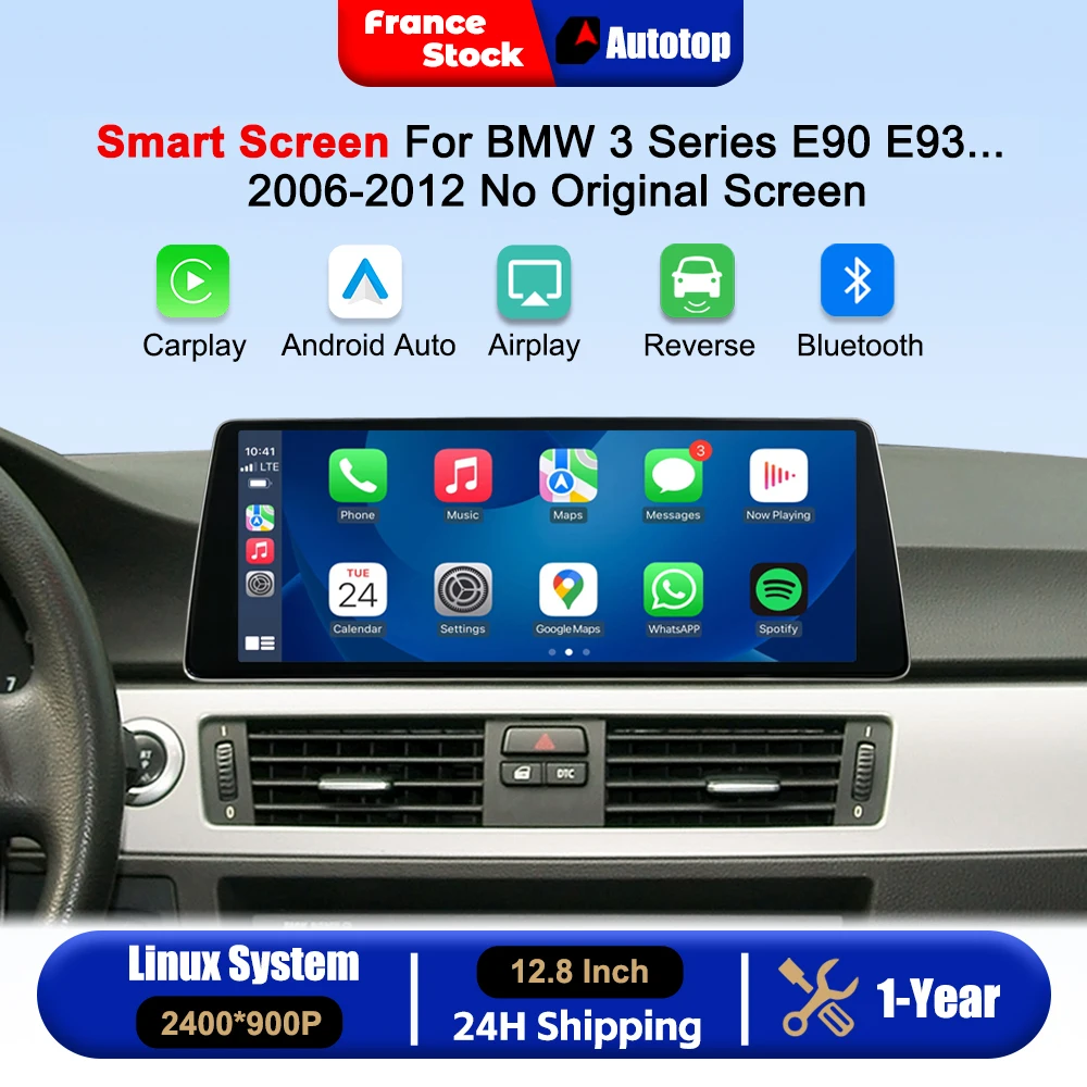 Wireless CarPlay Android Auto 12.8 Inch 2400*900P Car Radio Multimedia For BMW 3 Series E90 E91 E92 E93 2005-2012 No Factory Screen Car Intelligent Systems Smart Multimedia GPS Navigation Navi Mirror Link AirPlay Touch Screen