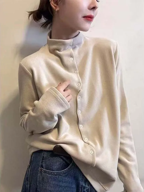 여성용 스탠드 칼라 긴팔 베이직 티셔츠 한국 패션 블라 V넥 풀오버 탑 다용도 가을 겨울...