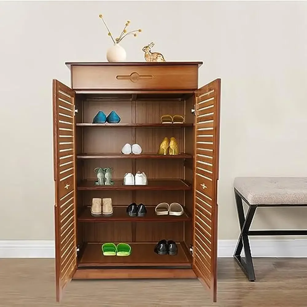 Brown Bamboo Shoe Storage Cabinet with 5 Tier Drawer Louvered Doors Durable Large Capacity Elaborate Design & Easy Install