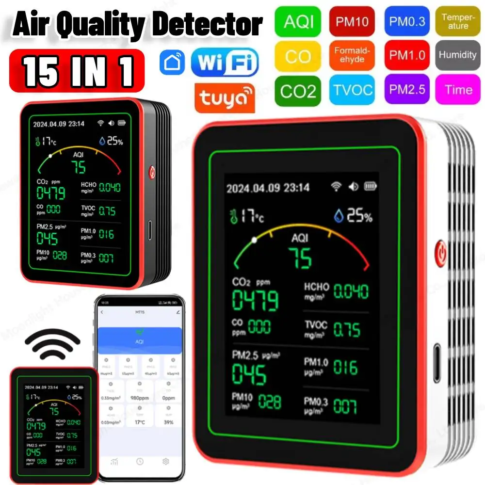 Tuya WiFi 15 in 1 Air Quality Detector CO/CO2/HCHO/TVOC/AQI/PM0.3/PM1.0/PM2.5/PM10 Air Quality Tester Temperature Humidity Meter