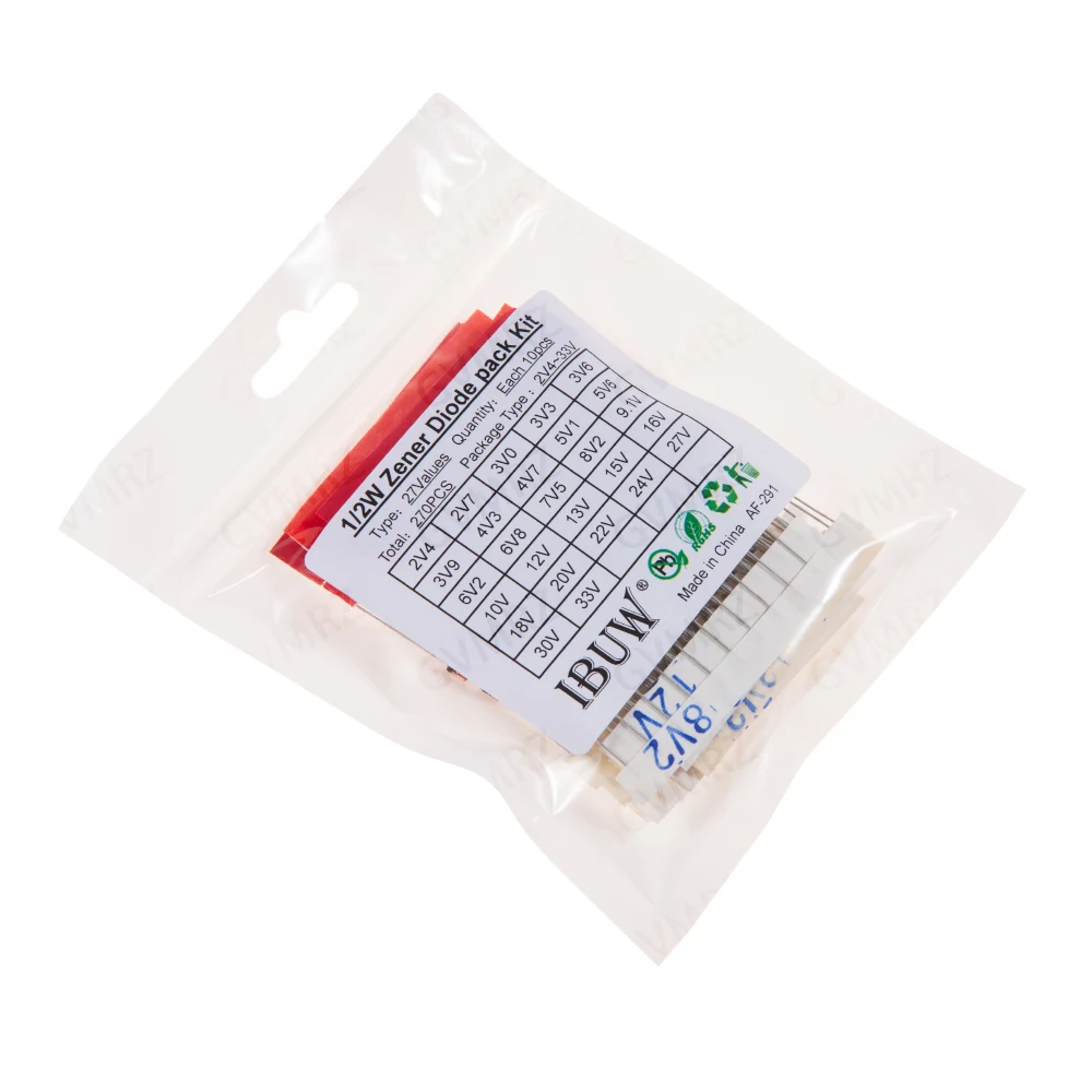 270PCS 27Values 18V 4V7 30V 33V 1/2W Zener Diode Kit 2V4-33V for Voltage Regulation Electronic Projects 2V4 2V7 3V0 3V3 3V6 27V