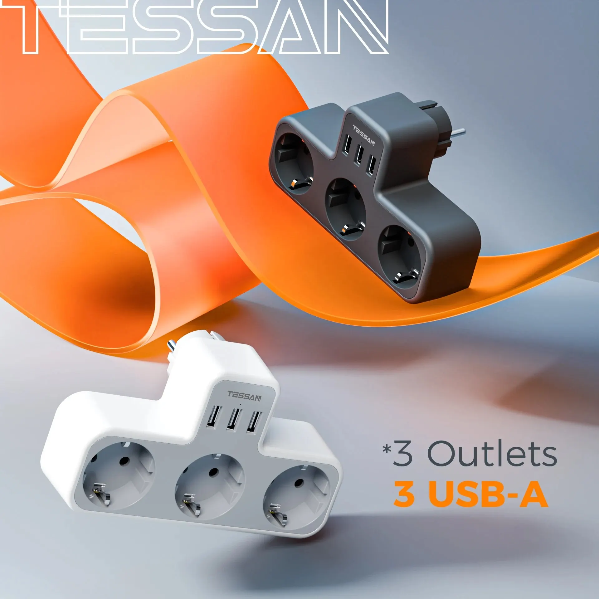 TESSAN Listwa zasilająca z wtyczką EU z 3 gniazdami AC + 3 portami USB, ładowarka ścienna 6 w 1 Adapter gniazda zasilania Zabezpieczenie przed