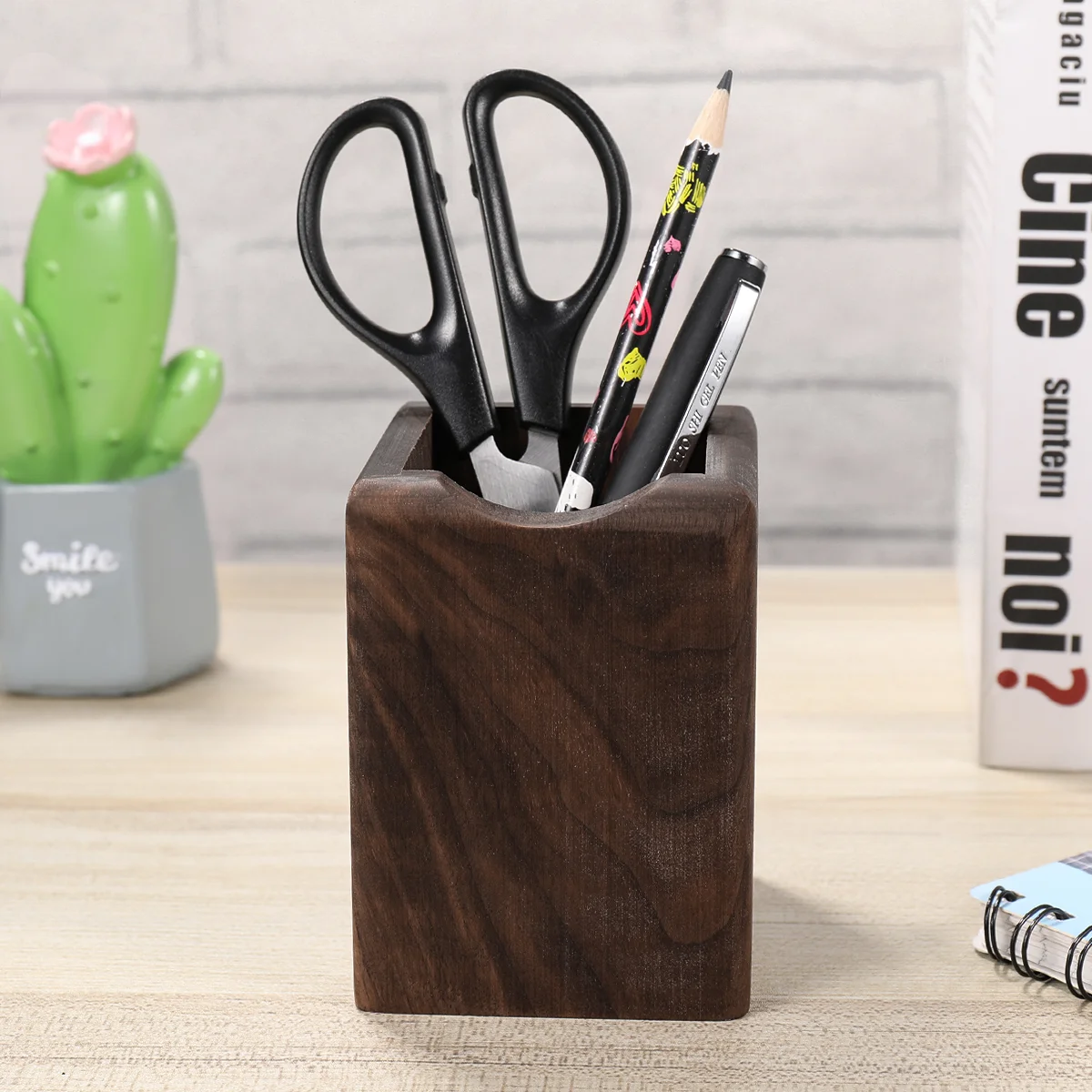 Pen Holder Make Brush Stand Desk Organizer Storage Box Wooden Black Walnut Office Supplies School Home Desk Pen Storage Box