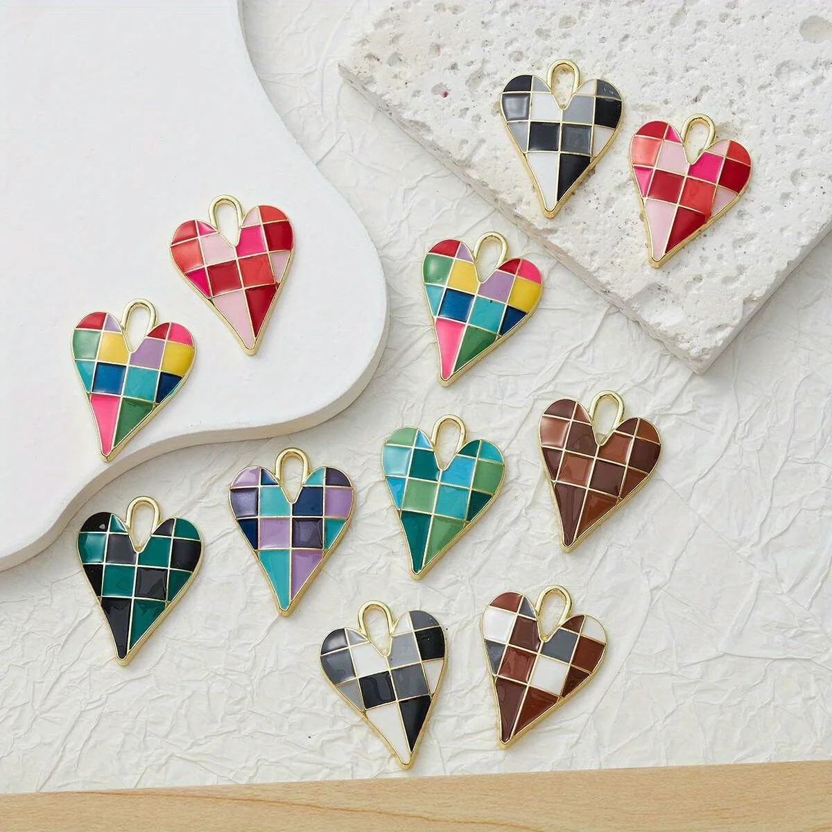 4pcs Fashion Enamel Colorful Lattice Hearts Charms For Diy Jewelry Making Pendants Keychain Earrings Accessories