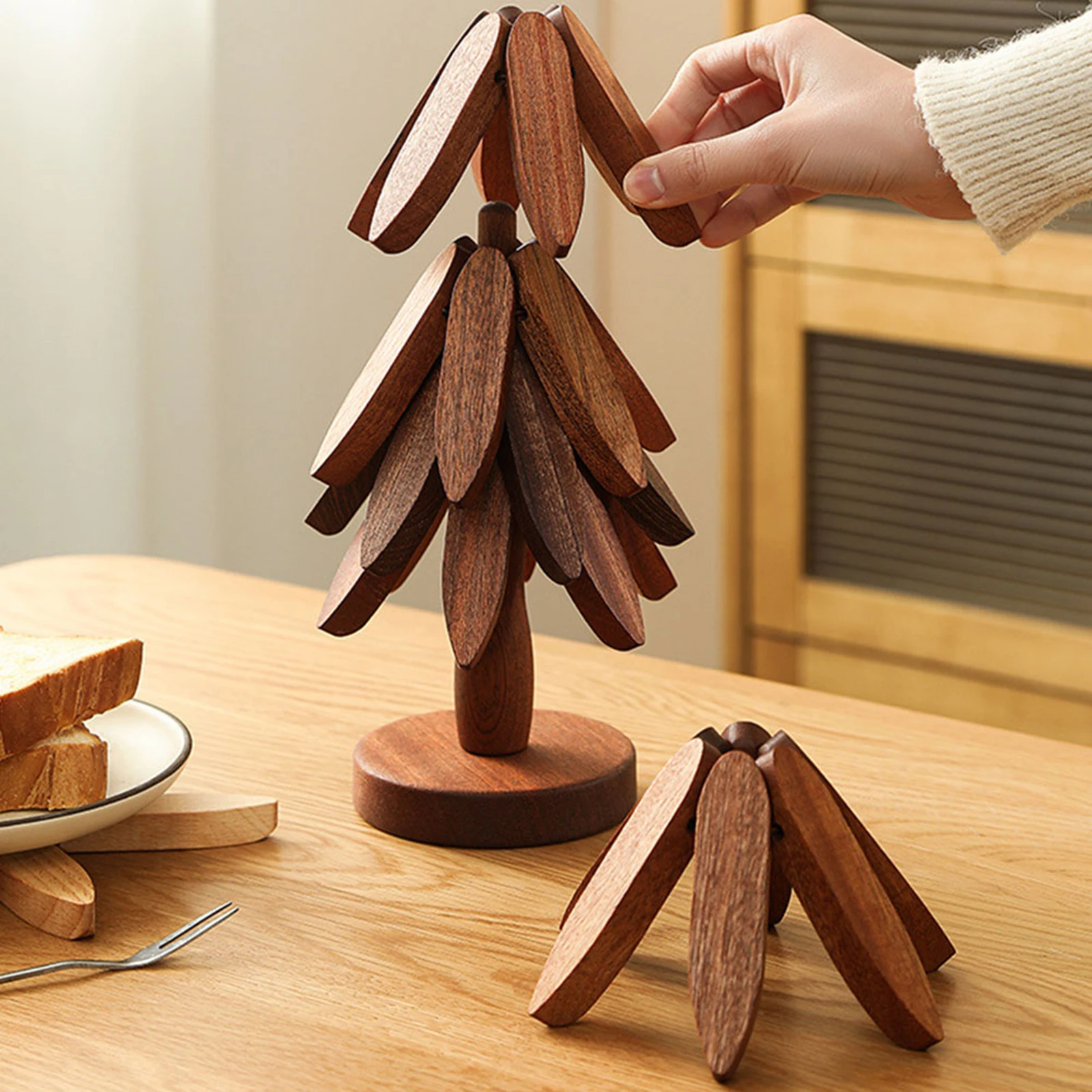 4 قطعة ركائز خشبية للأطباق الساخنة أضعاف شجرة شكل الجوز الجدول حصيرة أصحاب الحرارة معزول وسادة مجموعة الوقايات للأواني مكافحة تحرق