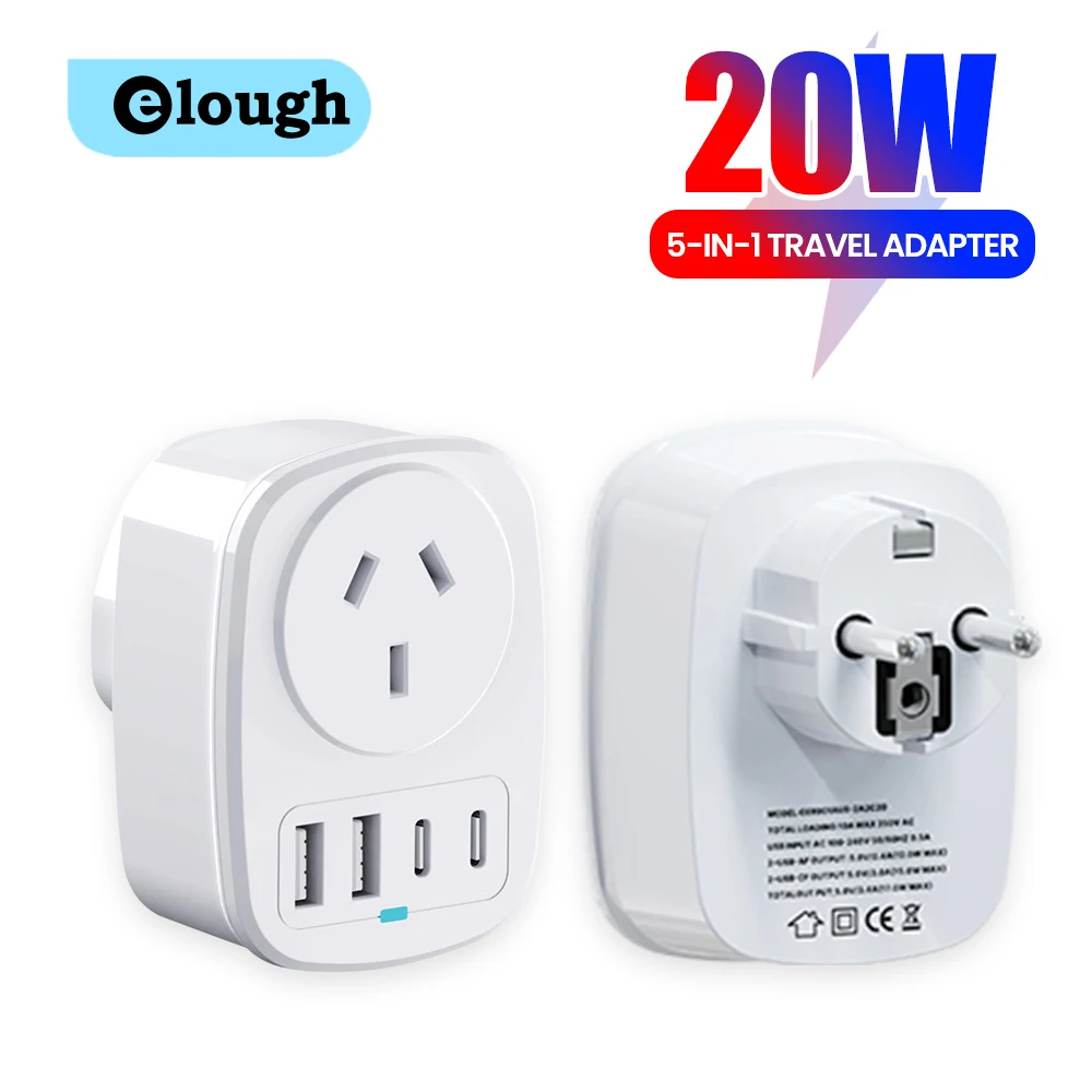 

5-in-1 Travel Conversion Plug 20W Fast Charging Universal Electrical Plug AU To EU/AU/US/UK Power Socket Charger With 2 USB C