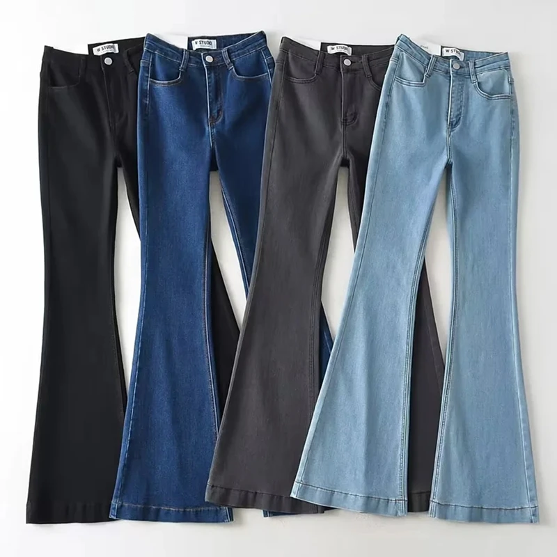 Damen-Jeans mit hoher Taille, schmale Passform, dehnbar, bodenlang, Denim-Jeans, ausgestellte Hose, Retro-SLE-Baumwolle, elastische Freizeithose