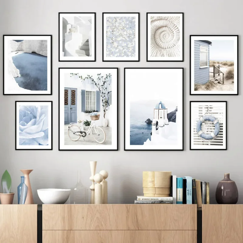 Modern Minimalist Aesthetics Wall Art Blue Rose Santorini Step Ocean HD On Canvas Poster Print Home Bedroom Decoration Gift