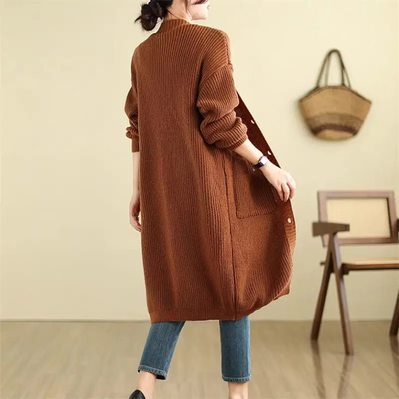 

2024, зимняя одежда, вязаный кардиган большого размера, женский свободный и ленивый стиль в стиле ретро, свитер средней длины с v-образным вырезом, пальто A447