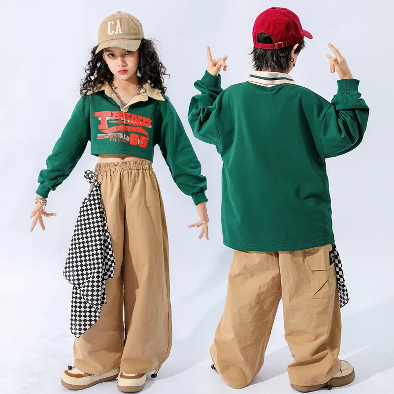 Ropa de baile moderno para niños, camisas verdes, pantalones sueltos, trajes deportivos Kpop para niñas y niños, ropa de Hip Hop, DQS11579, novedad