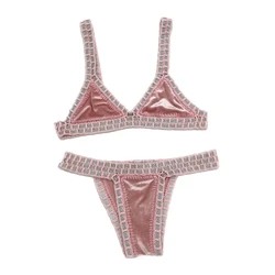 2024 Pink Crochet Handmade Triangle Bikini Set Women Black Velvet Bathing Suit Fashion Swimwear Boho Beachwear Green Swimsuit