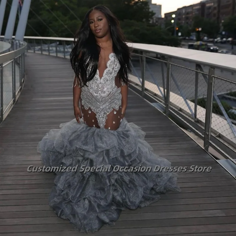 Luxury Silver Diamonds Mermaid Prom Dress Beading Crystal Evening Party Gowns For Black girls 2025 Birthday Dresses Customized