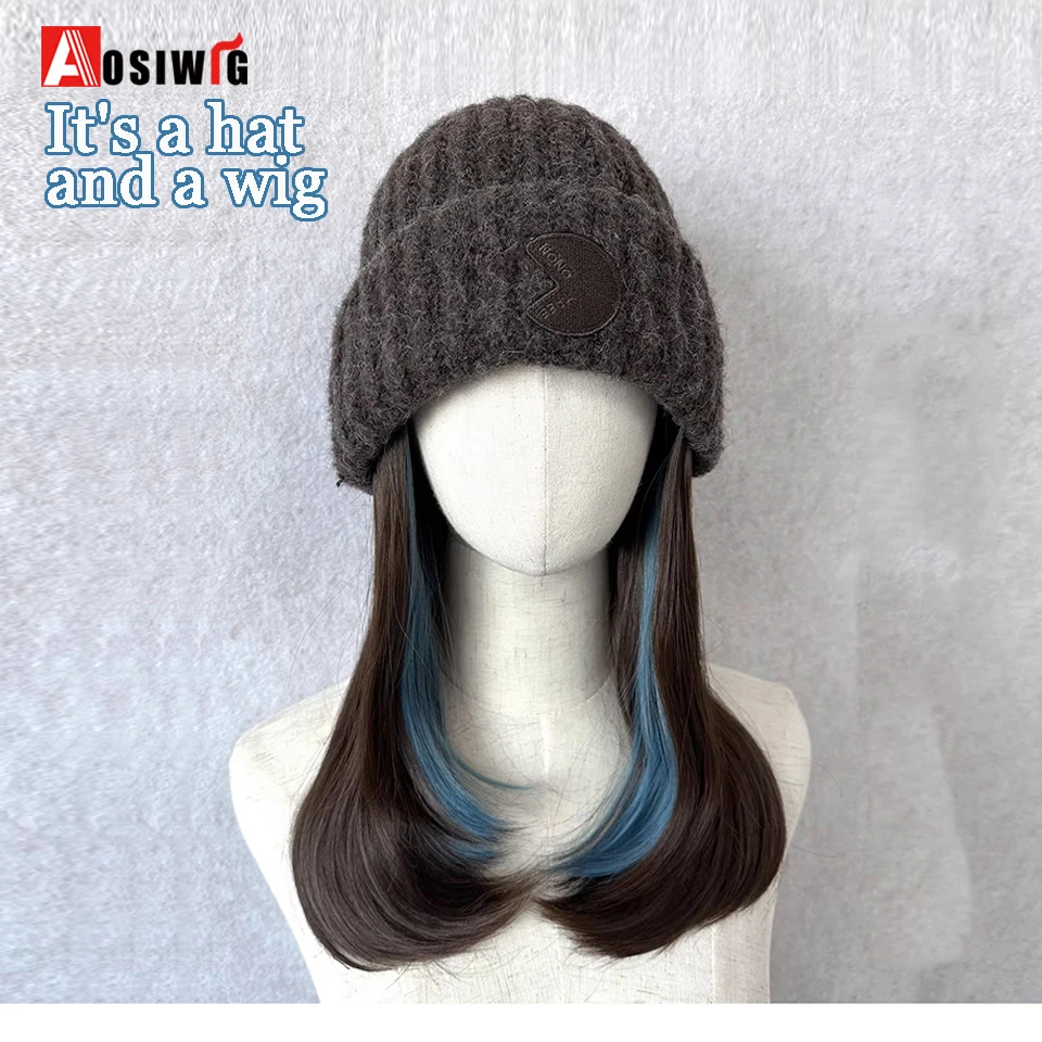 Hat Wig Beanies Hat With Hair Wigs For Women Synthetic Short Straight Hair Warm Ski Plush Knitted Autumn Winter Cap Wig