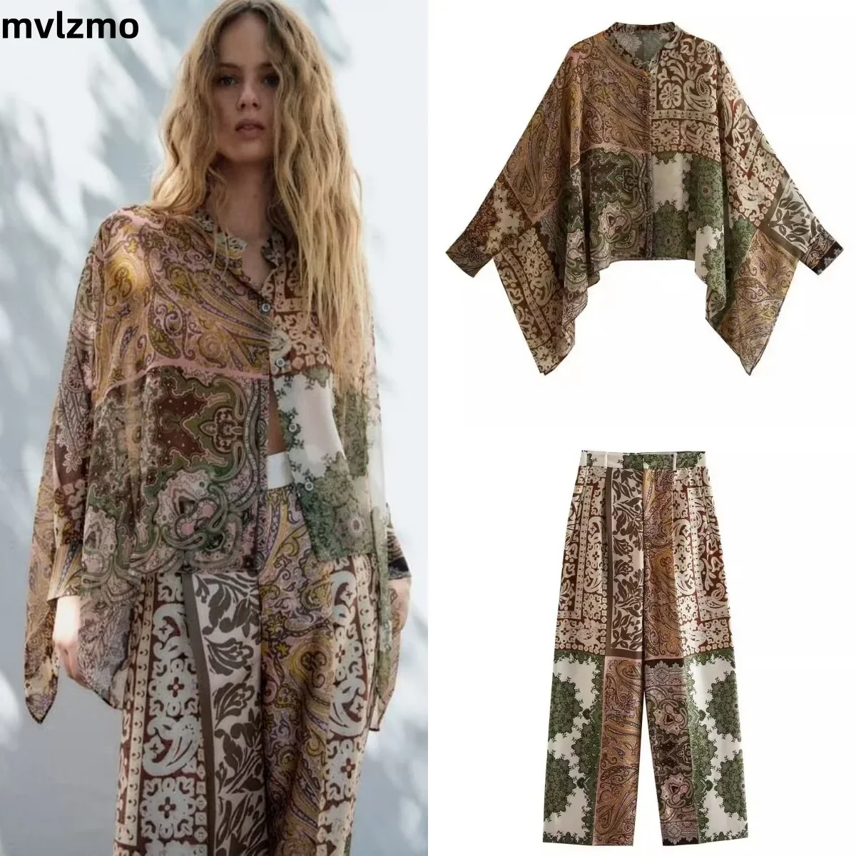 2024 Summer Women Vintage Print Satin Blouse Suit Loose Shirt Oversize Top Long Sleeve Casual Female Wide Pant Set