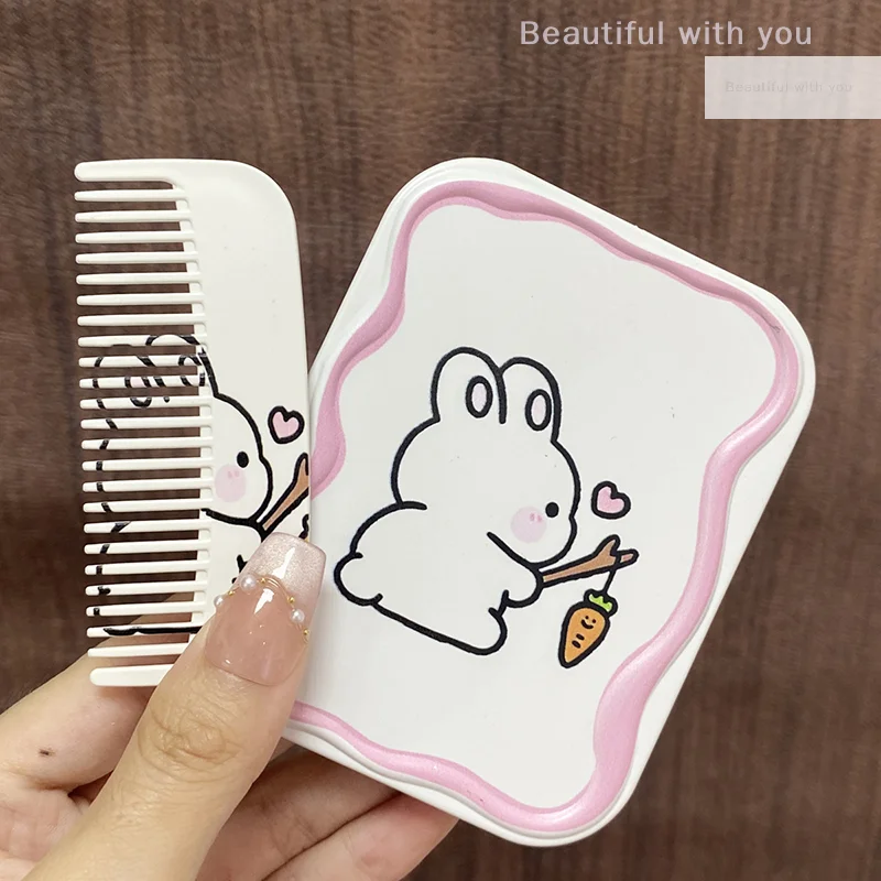 

Cartoon Cute Rabbit Folding Clamshell Mirror Makeup Mirror With Comb Portable Creative For Women Girls Handheld Mirror