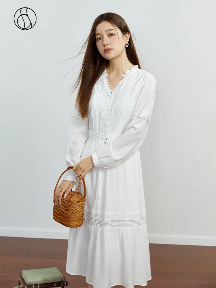 DUSHU Gentle Style Dress 2023 Autumn New White Heavy Duty Hollow Mid length Dress For Women High Waist Women Dress Casual