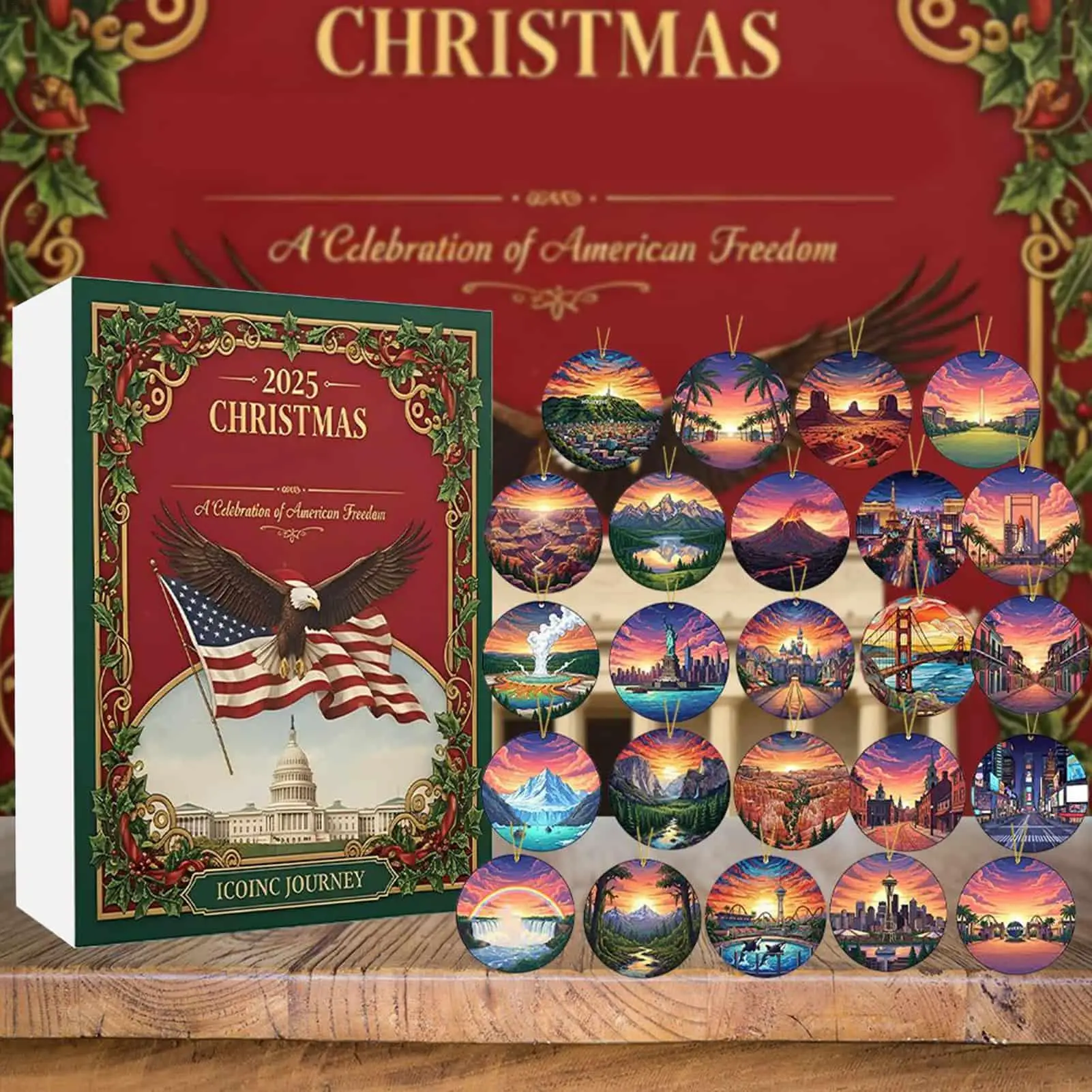 

Christmas Calendar Advent 2025 2025 Collectible 2D Pendant 24-Day American Landmarks Ornament Countdown For Window Door Tree Bag