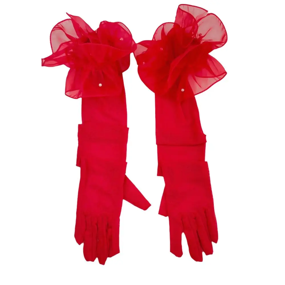 Elastic Women Long Mittens Wedding Dress Sunscreen Solid Lace Sleeves Gloves Pearl Decoration Perspective Bridal Mesh Gloves