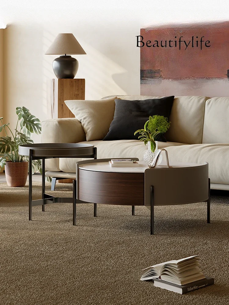 

Italian Minimalist Rock Plate Tea Table Combination Living Room Creative High Sense round Saddle Leather Tea Table