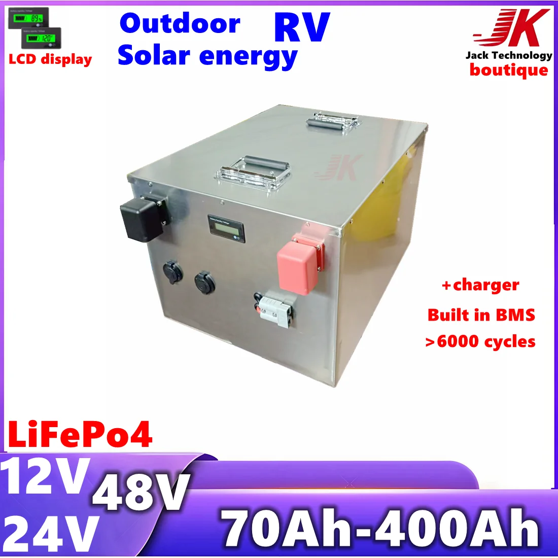 

JK 12V 24V 48V 100Ah 200Ah 280Ah 300Ah 400Ah LiFePo4 Lithium Battery For Solar,EVBoat,inverter Golf Cart,Outdoor,Camping,RV,AGV