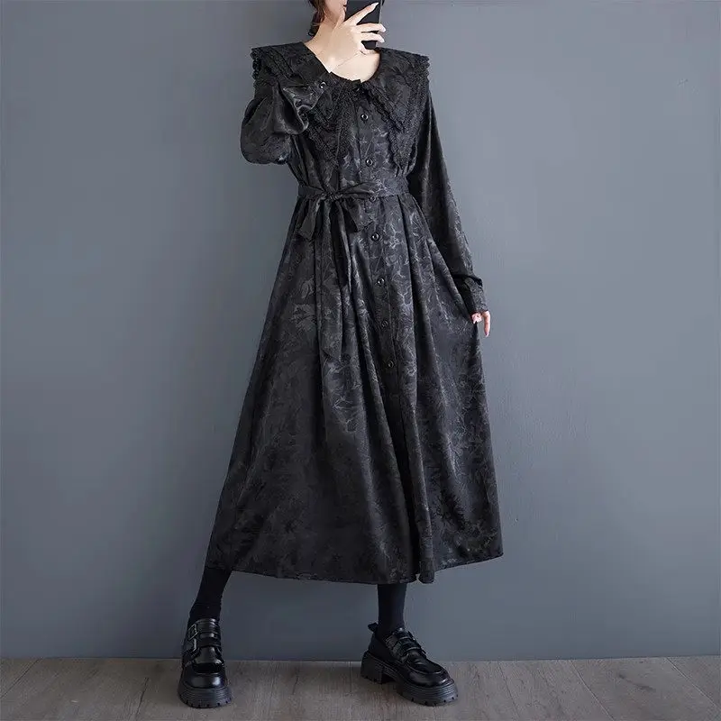 Women's Heavy Jacquard Double-Layer Collar Dress Loose Dark Design Fashionable Clothing Large Size Spring and Autumn Dress A174