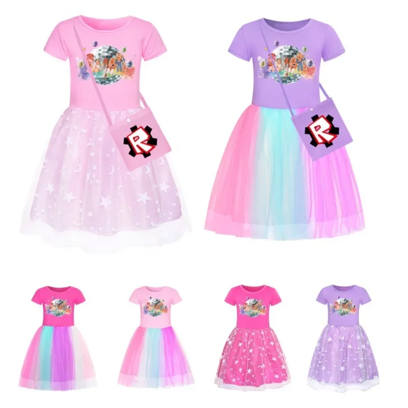 Roblox Cartoon Game Pink Dress Cartoon Mesh Lace Star Dress Girls Sweet Printed Short Sleeve Christmas Dress Up Birthday Gifts