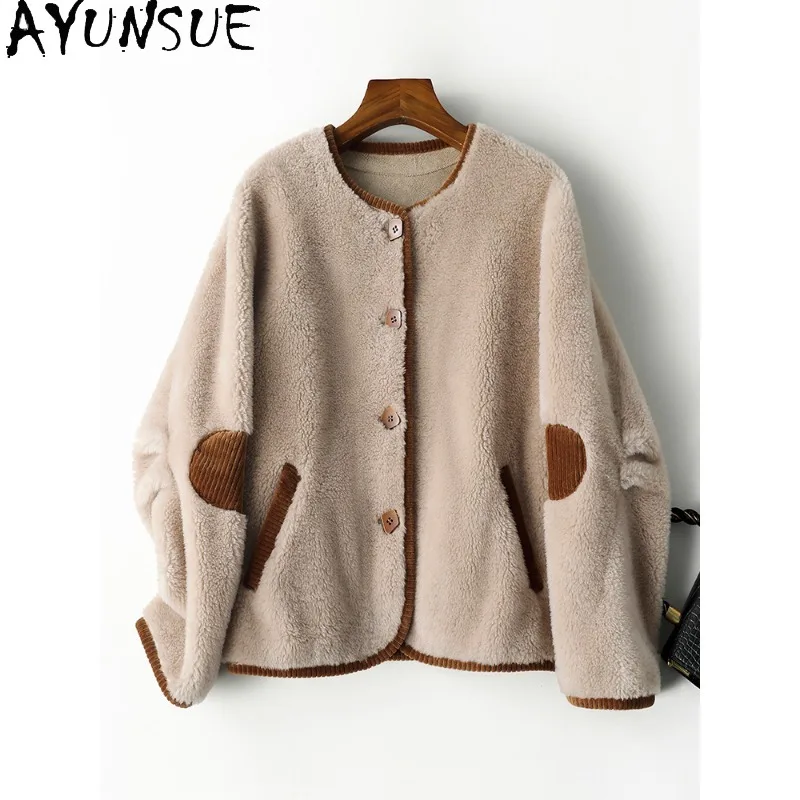 

AYUNSUE Winter Coats for Woman Woolen Twill Patchwork Sheepskin Coat Korean Fashion Clothing 2025 Woman Clothes Vestes Femmes