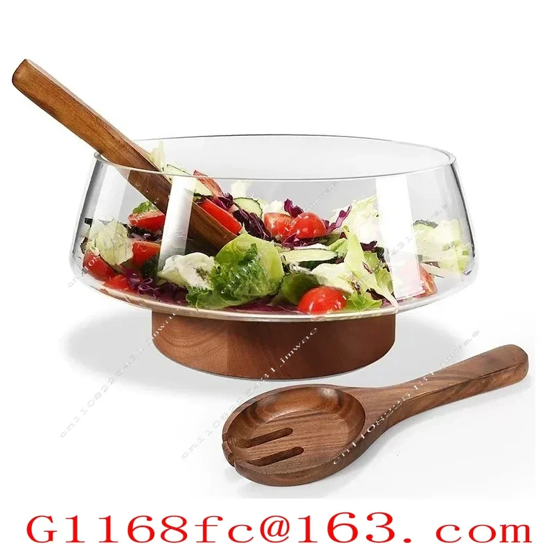 Large Capacity Transparent Glass Salad Bowl Set with Wooden Base Tableware for Dining, Fruit Platter with Wooden Fork Spoon Part