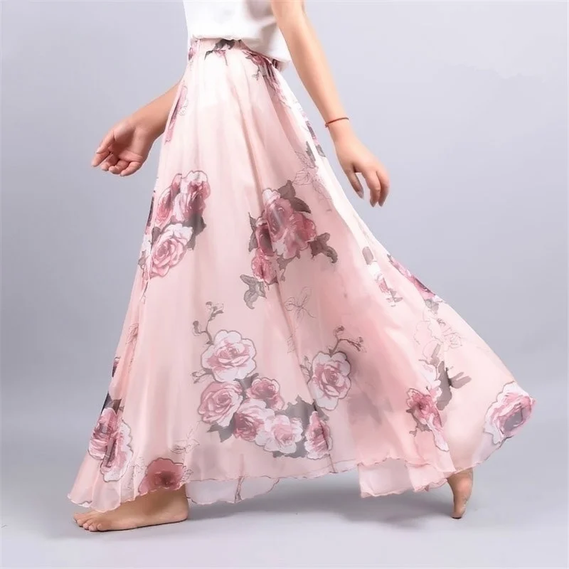 Summer Loose Skirt women Chiffon Floral Printed Women Floor-Length Long Beach Party Maxi Sundress