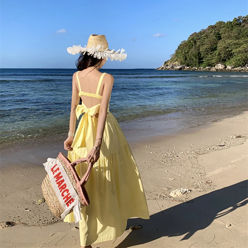 

2024 New Elegant Women Backless Long Dress Summer Lolita Bow Tie Chic Slim Dress Yellow Vacation Birthday Party Clothing Runway