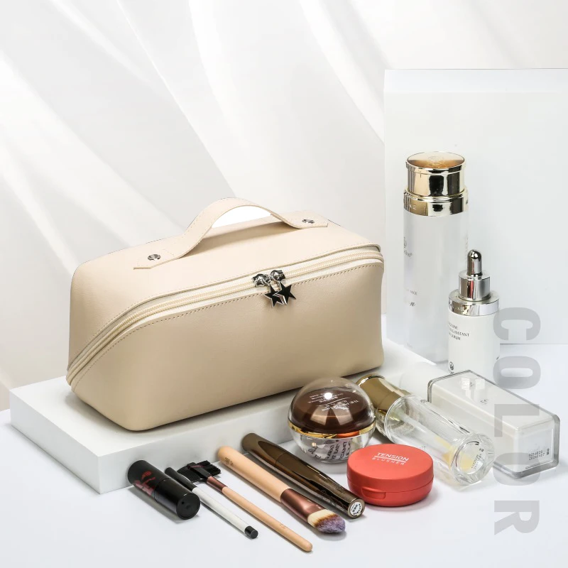 Bolsa cosmética de viagem de grande capacidade para mulheres Bolsa de maquiagem de couro portátil lavatório à prova d'água Kit de higiene pessoal multifunções