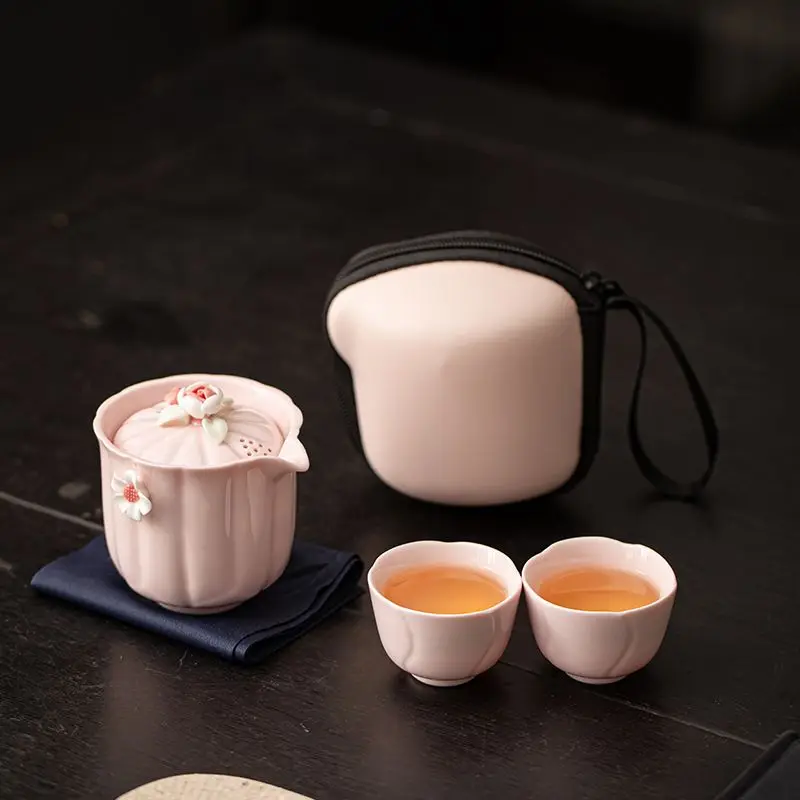 1 Pot 2 Cups Tea Sets Pink Pottery Portable Travel Home Office Cup Ceramic Tea Coffee Container With Bag Teaware Business Gift