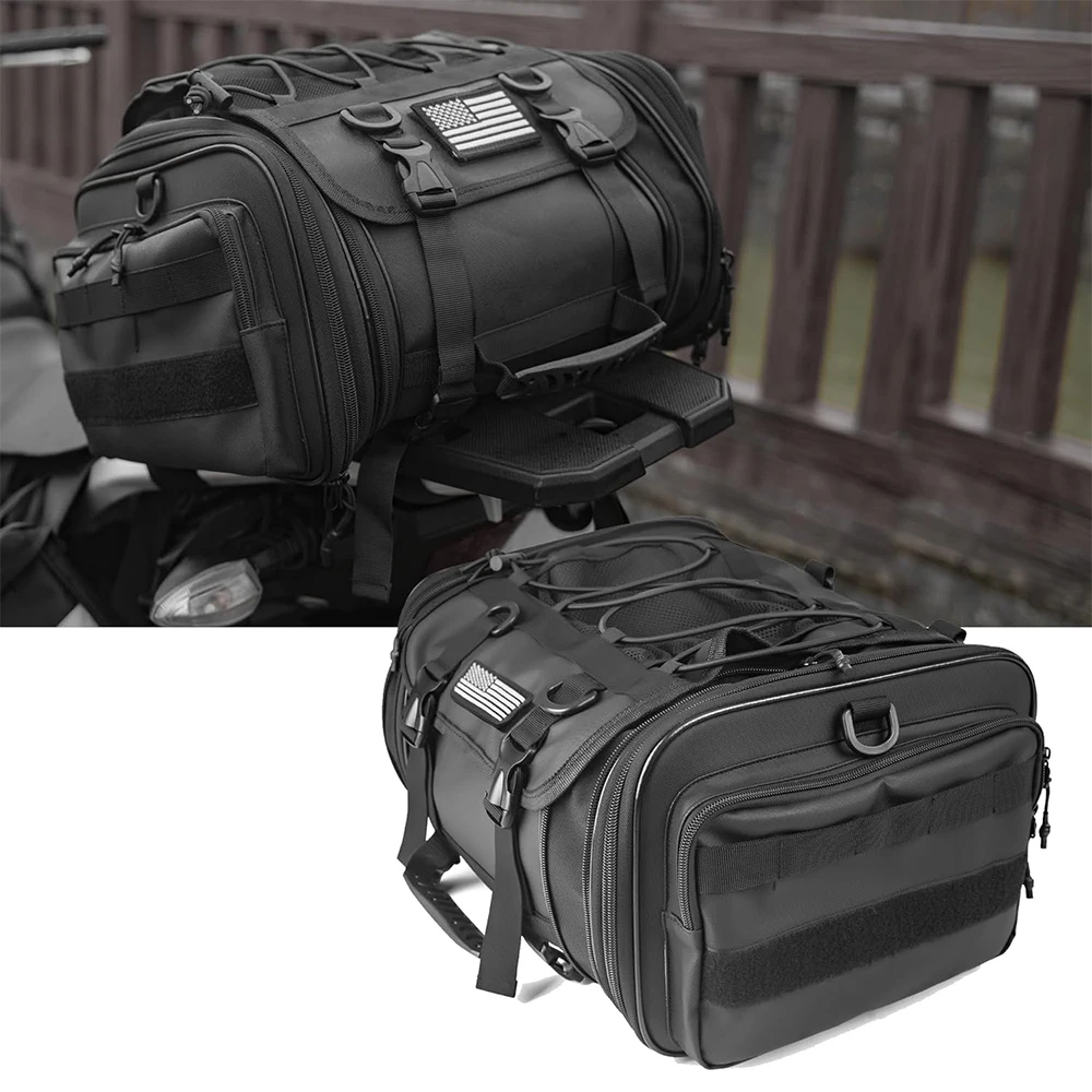 Motorcycle Accessories 30-45L Expandable Tactical Motorbike Tail Bag Waterproof Rear Seat Luggage US Flag Patch MOLLE System
