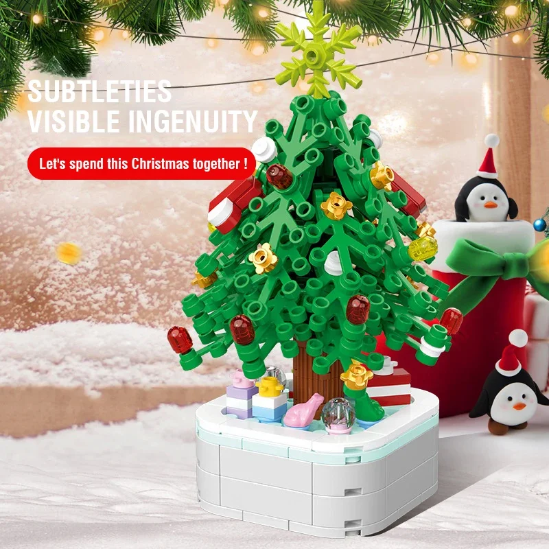 Mini árbol de Navidad en maceta, bloques de construcción ensamblados, juguetes para niños, adornos de escritorio, fiesta, regalo de Navidad para niñas y niños