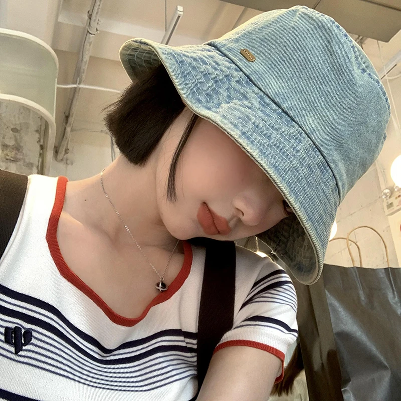 Vintage Denim Bucket Hats for Women Summer Japanese Retro Big Head Basin Cap Showing Face Small Sunshade Sunscreen Men\'s Hat