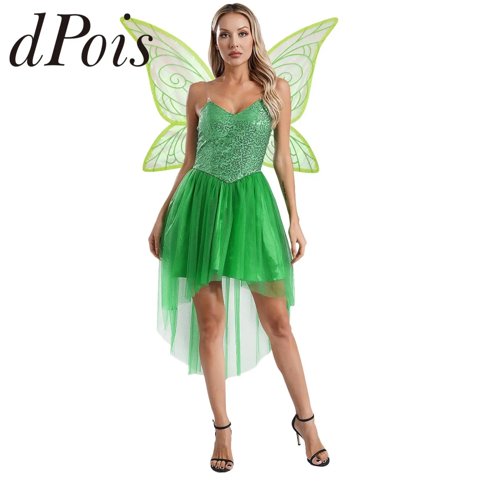 

Women Fairy Tale Elf Costume Sequin Sling Dress with Wings Halloween Cosplay Xmas Carnival Festival Party Gown Performance Suit