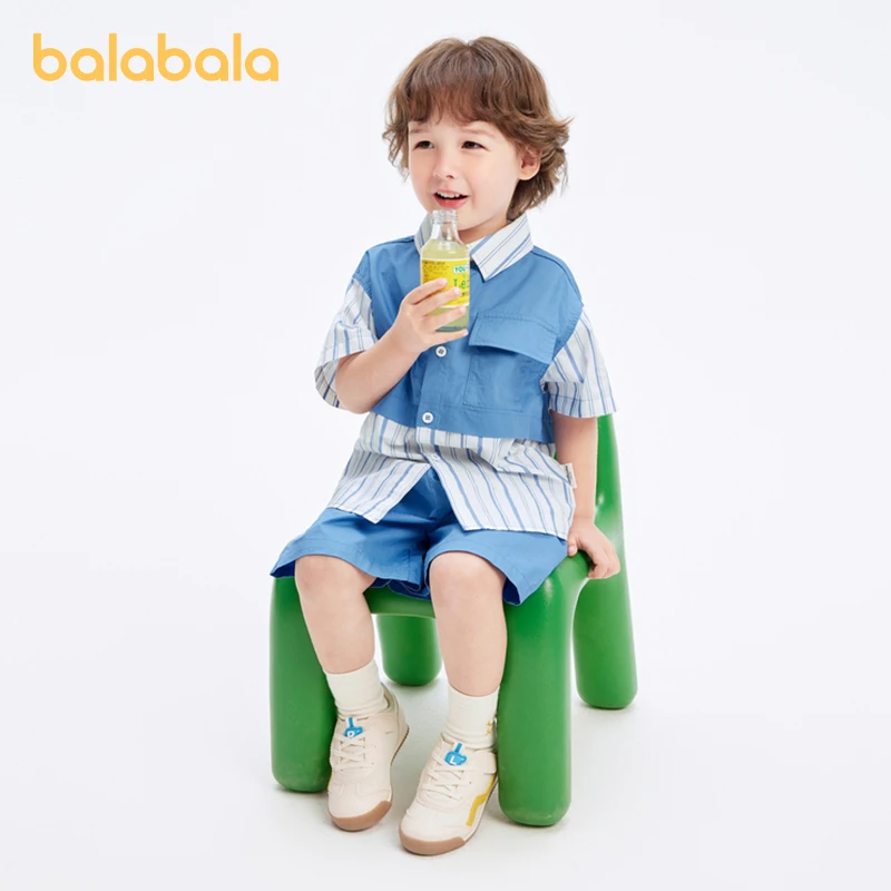 Balabala Children Clothing Boy Set Baby Short Sleeve Two-Piece Set 2024 Summer New Color Block Utility Style