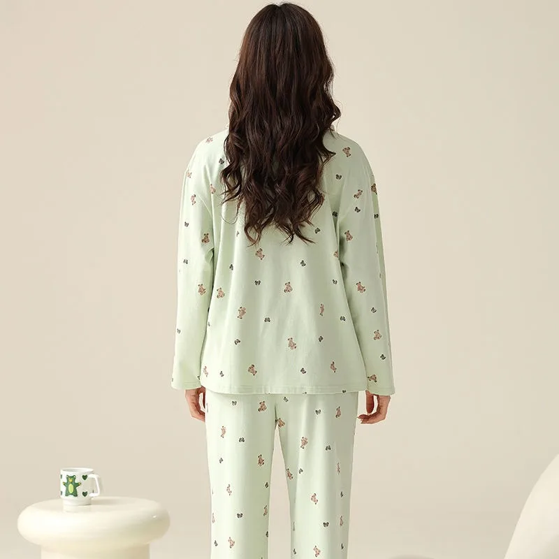 2024 New Pajamas Autumn Long Sleeve Pants Sleepwear Round Neck Spring Autumn Homewear Cardigan Cotton Simple Loose Loungewear